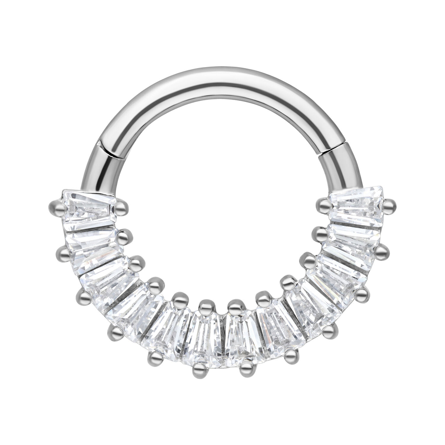 Septum Clicker in argento in acciaio chirurgico con cristalli chiari su sfondo bianco