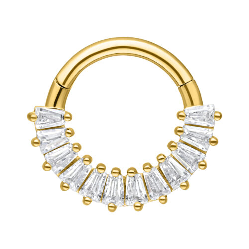 Septum Clicker dorato in acciaio chirurgico con cristalli chiari su sfondo bianco