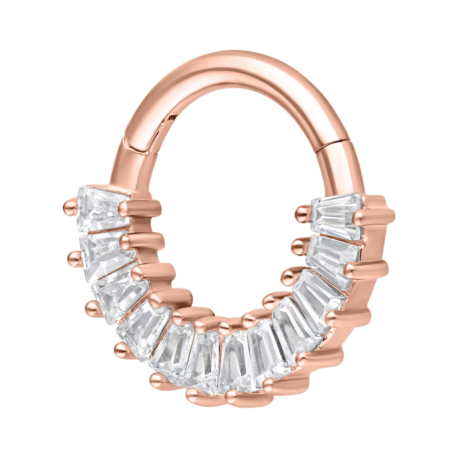 Septum Clicker in oro rosa con cristalli chiari su sfondo bianco