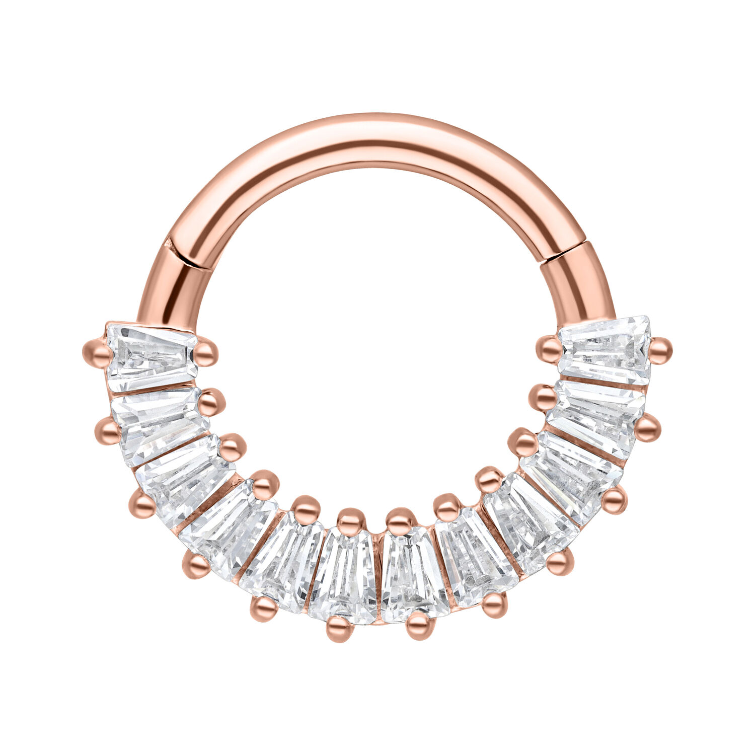 Septum Clicker in oro rosa con cristalli chiari su sfondo bianco