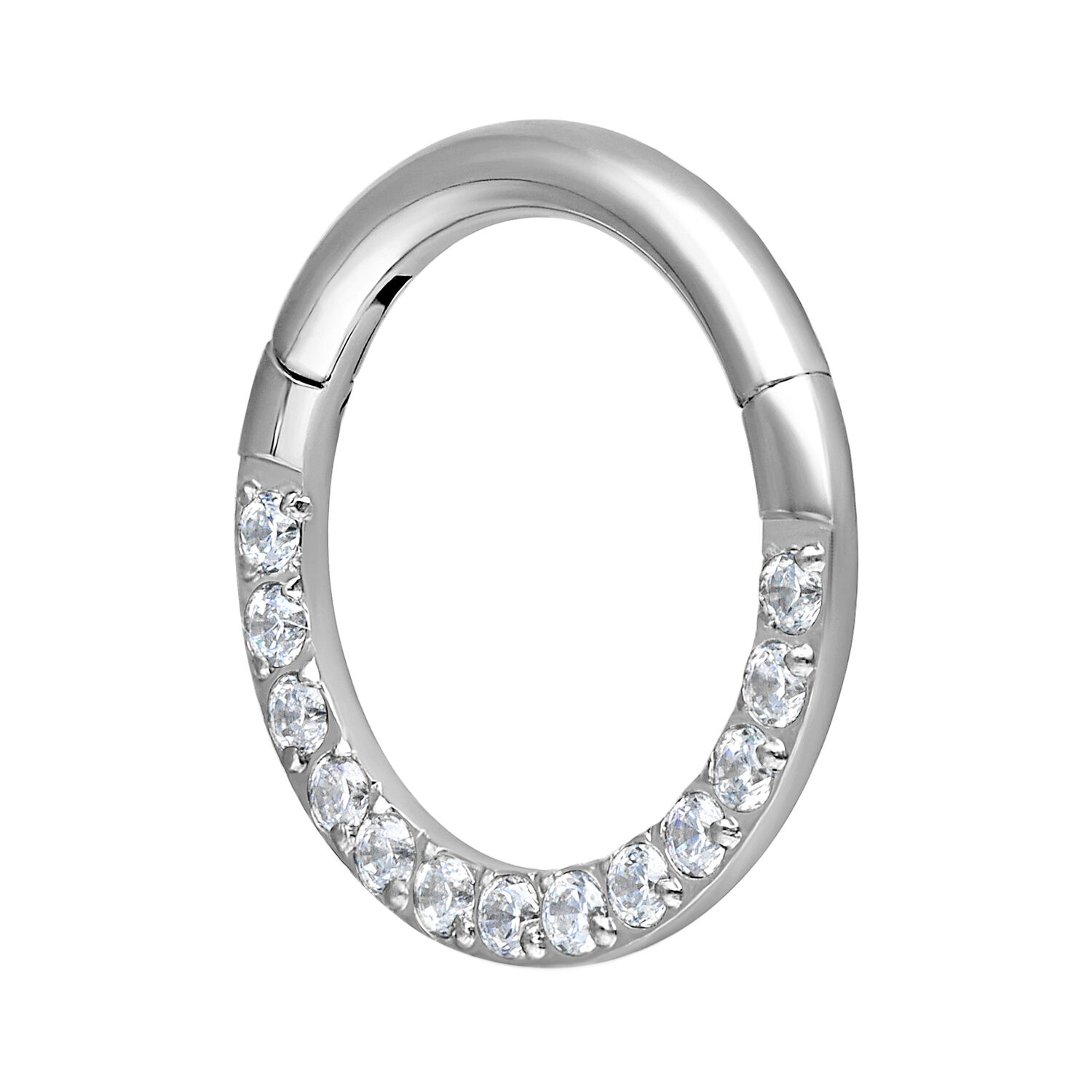 Clicker septum argento con cristalli chiari su sfondo bianco