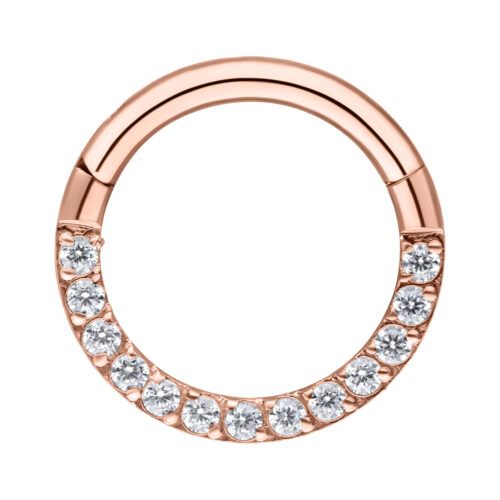 Clicker per setto in oro rosa con cristalli chiari su sfondo bianco