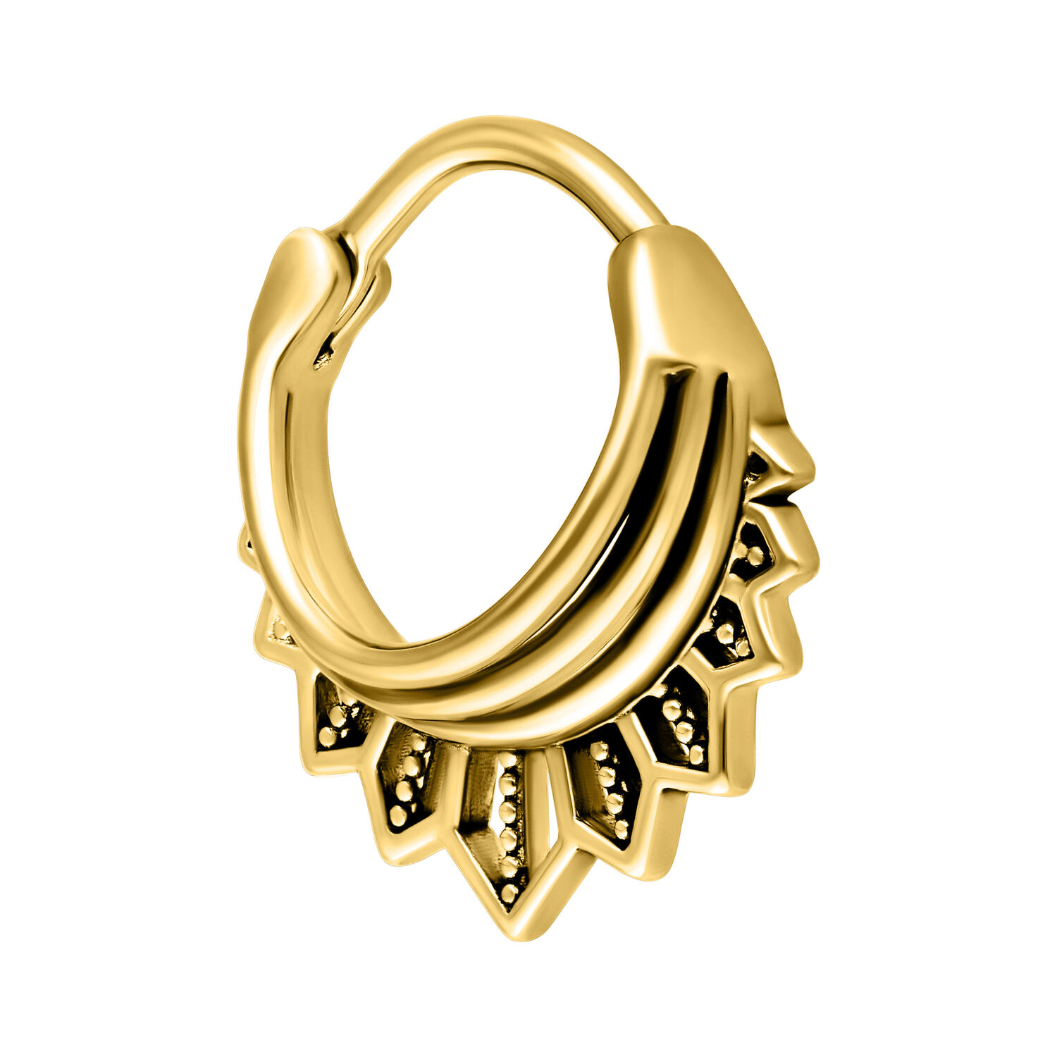 Tigerlily Septum Clicker in oro Septum Clicker dorato con design floreale su sfondo bianco