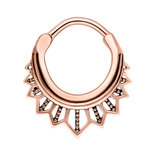 Septum Clicker in oro rosa con motivo a zigzag decorativo su sfondo bianco