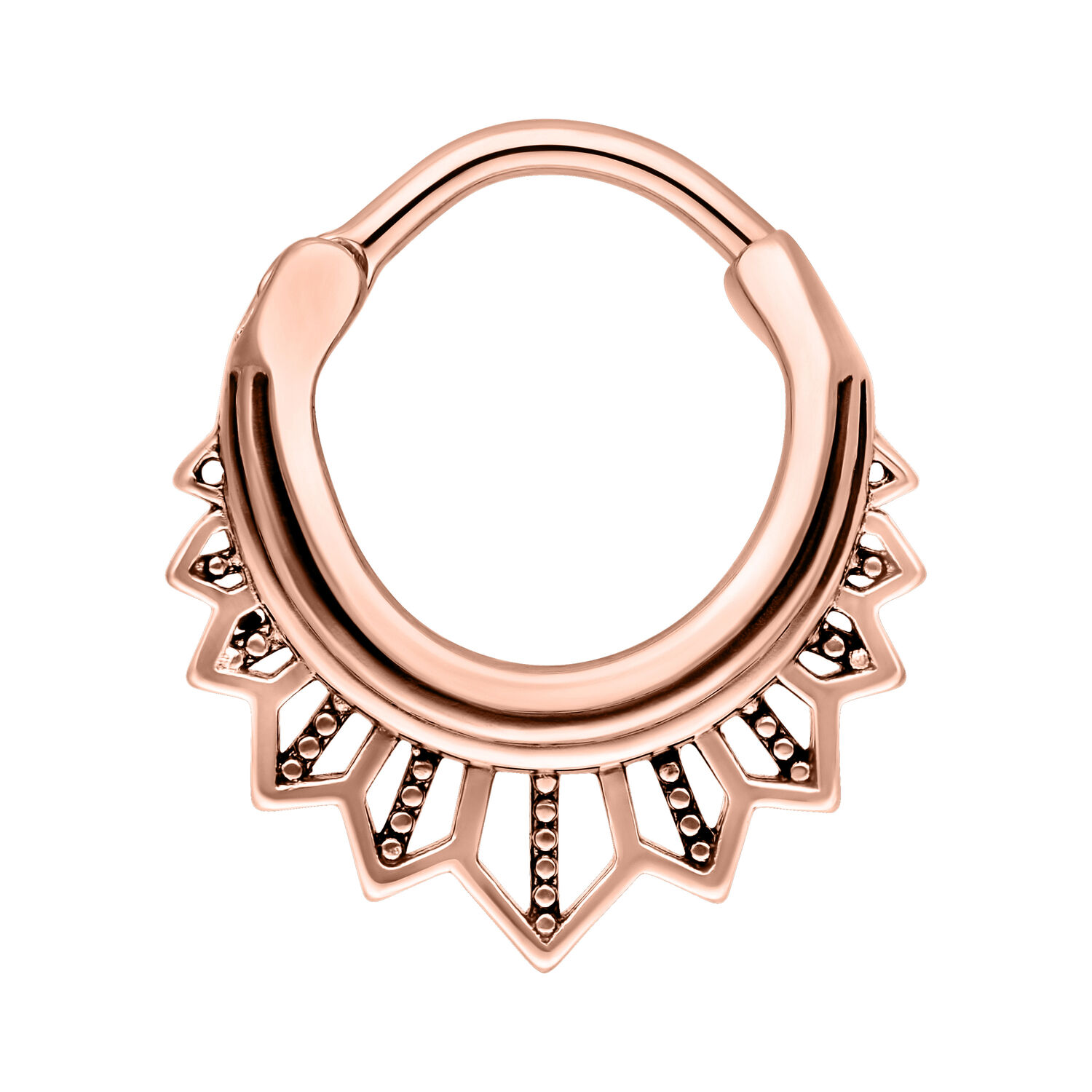 Septum Clicker in oro rosa con motivo a zigzag decorativo su sfondo bianco