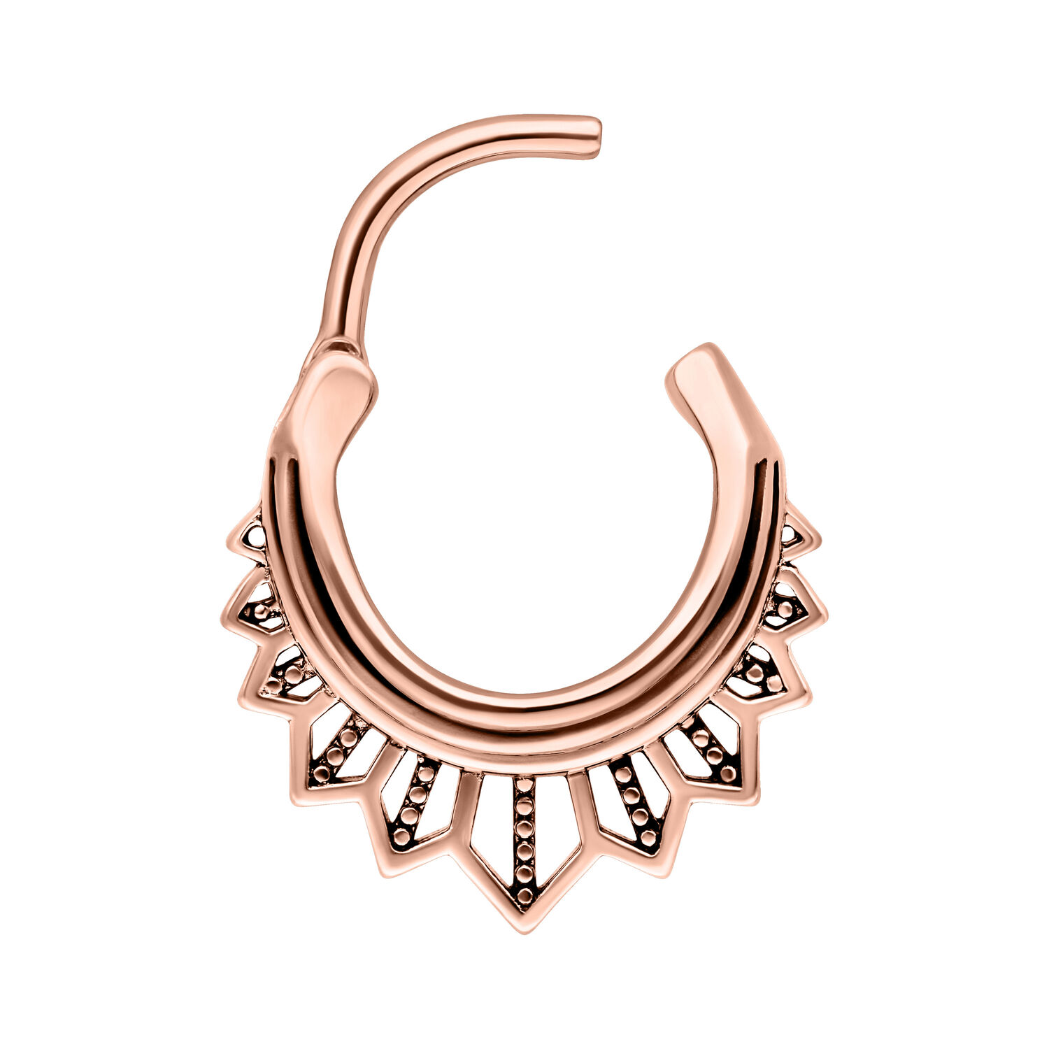 Septum clicker in oro rosa con design dettagliato su sfondo bianco