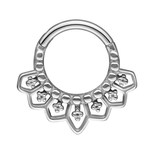 Clicker Septum argento con design cattedrale giocoso su sfondo bianco