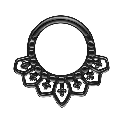 Clicker per setto nasale nero in acciaio chirurgico con design decorativo su sfondo bianco