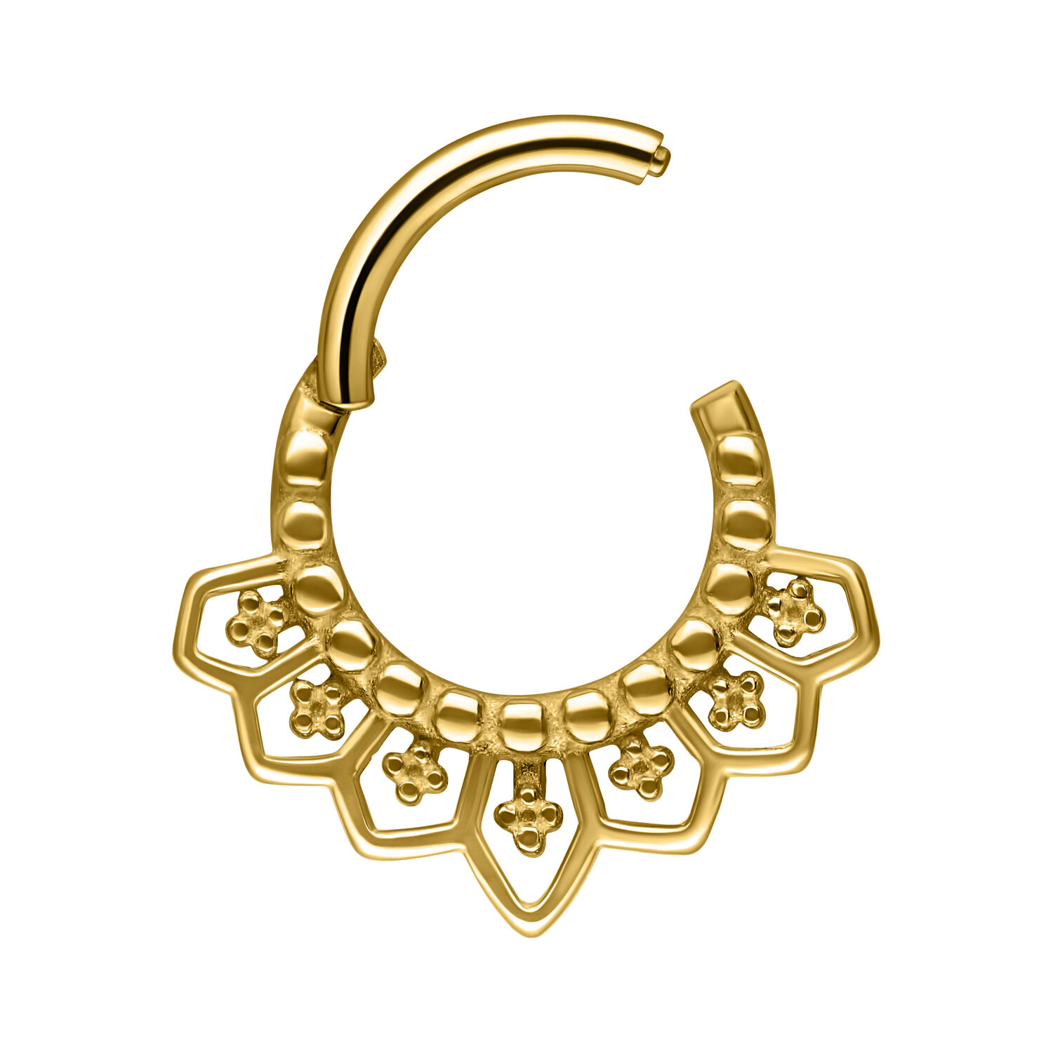 Clicker per septum dorato con design dettagliato su sfondo bianco