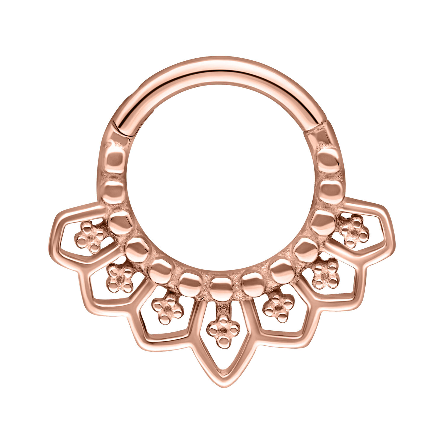 Clicker per septum in oro rosa con design floreale su sfondo bianco