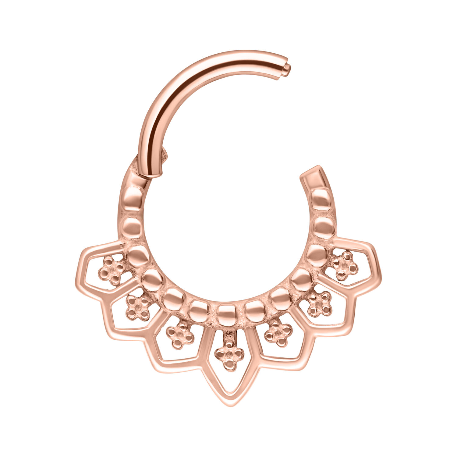 Clicker per setto nasale in oro rosa con motivo fine su sfondo bianco