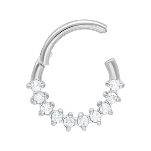 Clicker per setto in argento in acciaio chirurgico con cristalli chiari su sfondo bianco
