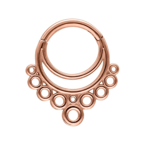 Clicker per septum in oro rosa con design a bolle su sfondo bianco