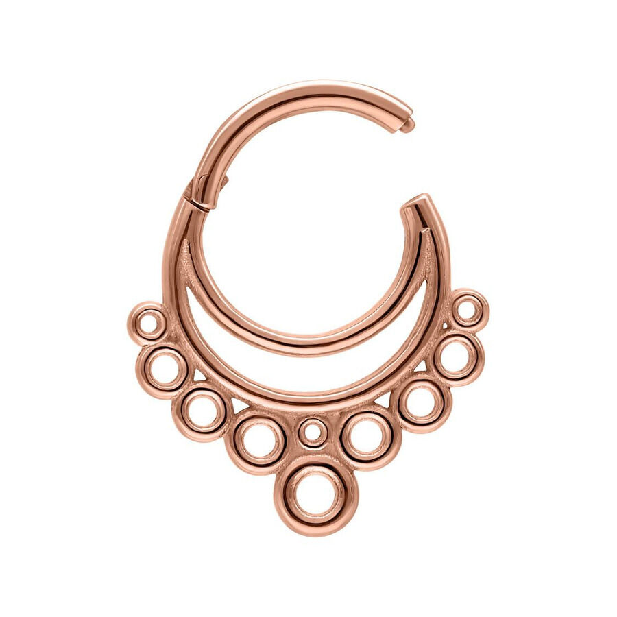 Clicker per setto in oro rosa con design a bolle su sfondo bianco