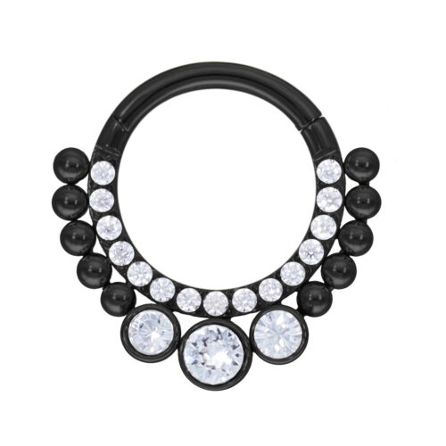 Clicker nero per septum con cristalli chiari su sfondo bianco