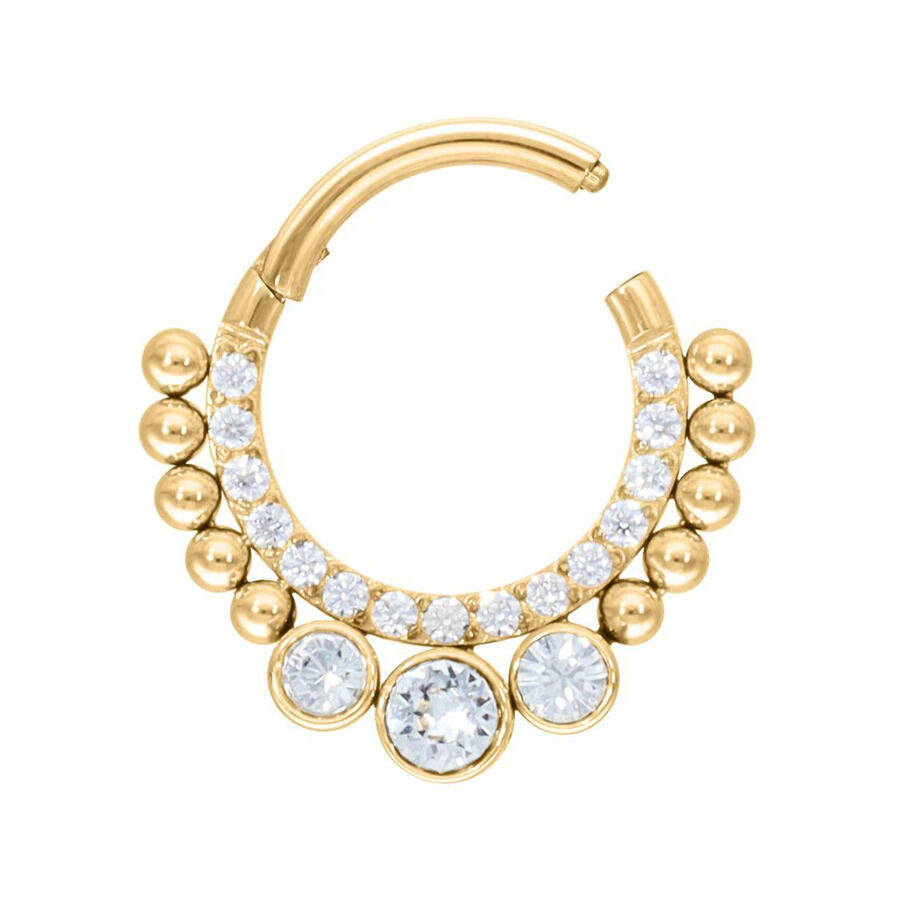 Clicker septum dorato con cristalli, aperto su sfondo bianco