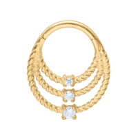 Anello piercing dorato con tre file intrecciate e cristalli chiari