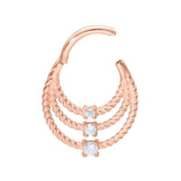 Clicker per setto in oro rosa con tre anelli intrecciati e cristalli chiari