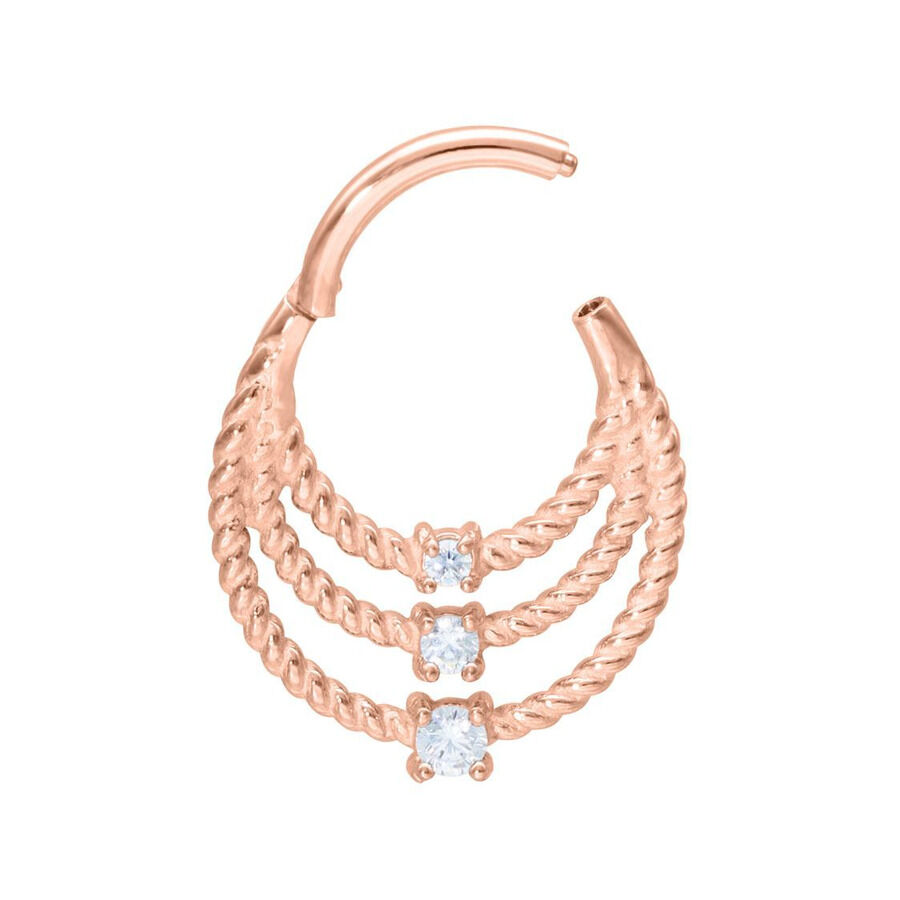 Clicker per setto in oro rosa con tre anelli intrecciati e cristalli chiari