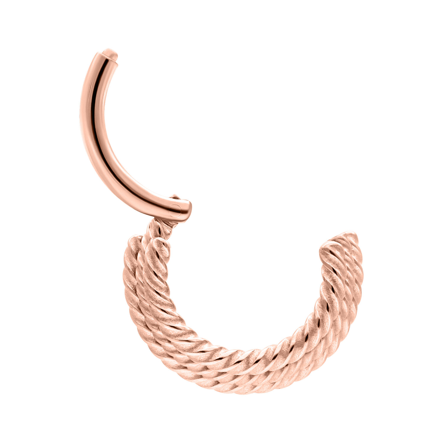 Anello piercing in oro rosa con tre corde intrecciate su sfondo bianco