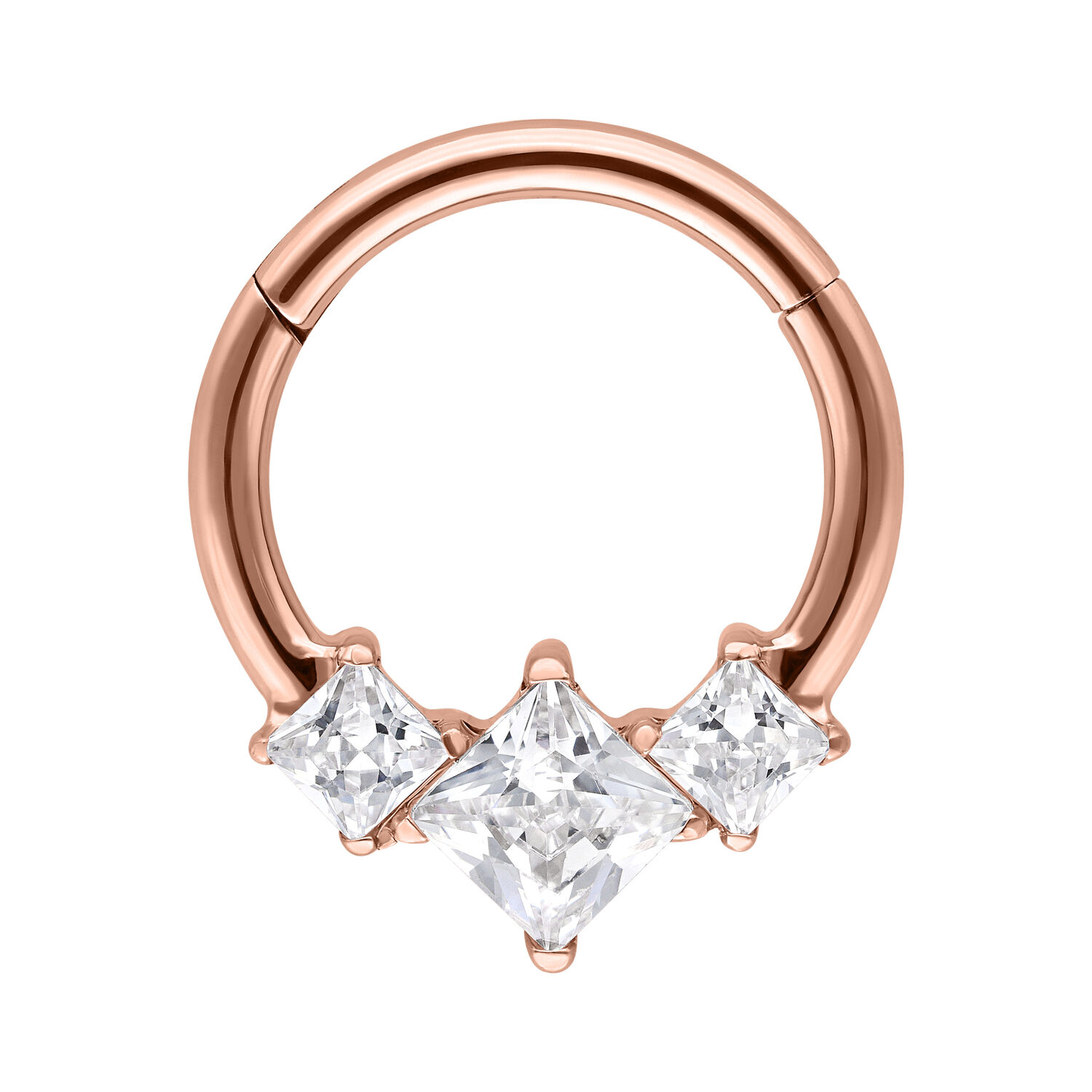 Clicker Septum in Oro Rosa con Zirconi Clicker septum in oro rosa in acciaio chirurgico con tre zirconi scintillanti su sfondo bianco