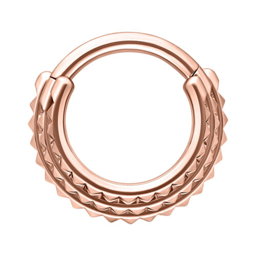 Triple Spike Hinged Septum Clicker oro rosa su sfondo bianco