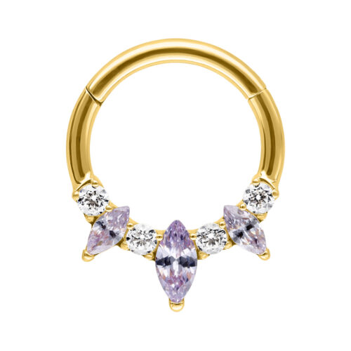 Clicker Setto dorato con cristalli marquise color lavanda su sfondo bianco