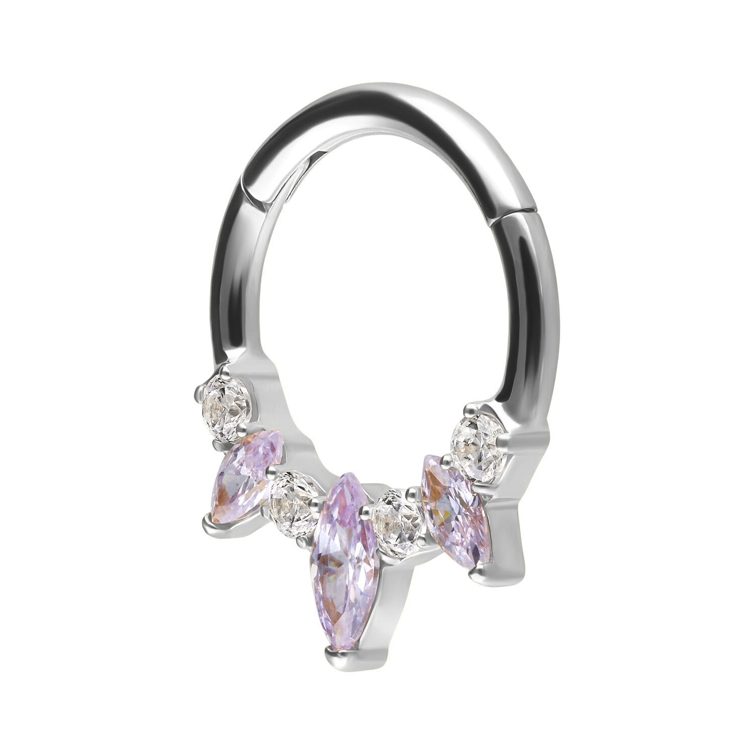 Septum Clicker color argento con cristalli color lavanda su sfondo bianco