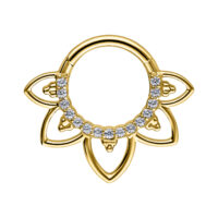 Septum Clicker dorato con motivo floreale e cristalli su sfondo bianco