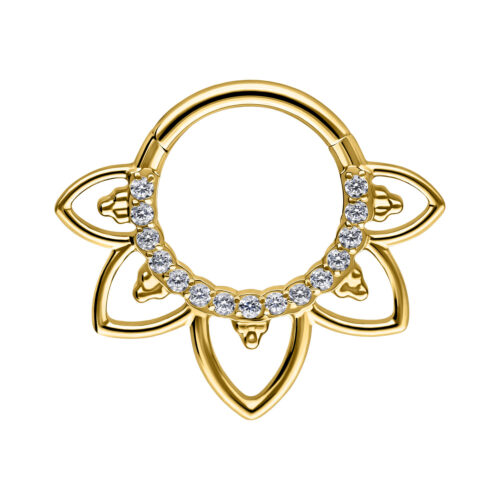 Septum Clicker dorato con motivo floreale e cristalli su sfondo bianco
