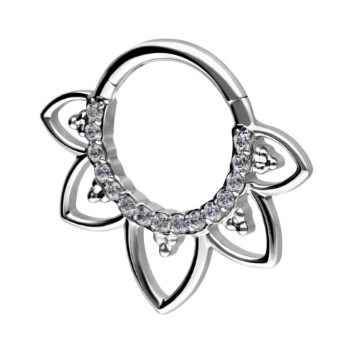 Clicker per setto nasale argento con motivo floreale e decorazione in cristallo su sfondo bianco