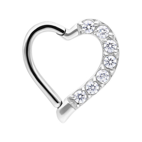Anello a cuore in argento con cristalli, diametro interno 8mm, orientamento sinistro