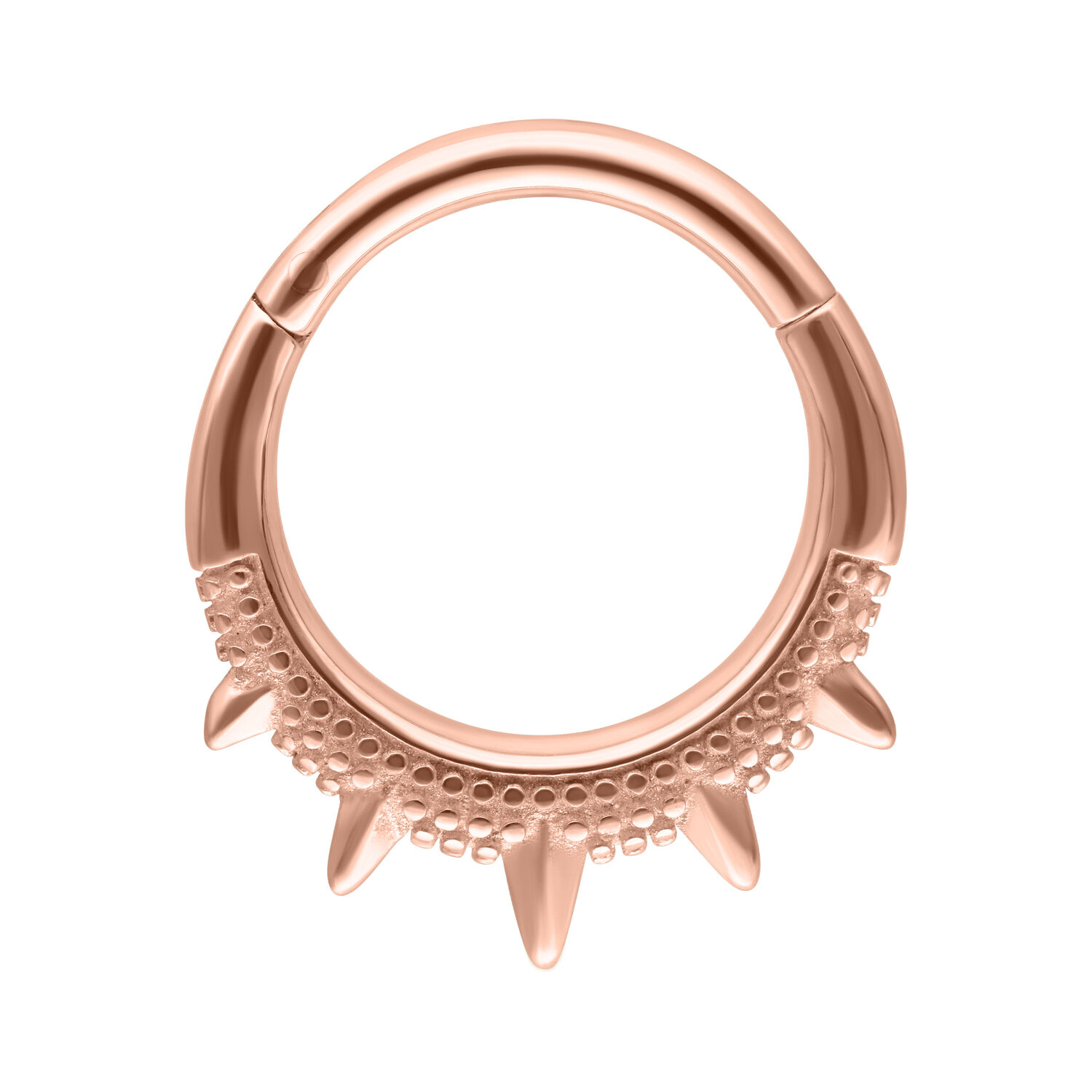 Clicker per septum in oro rosa con dettagli a spillo su sfondo bianco