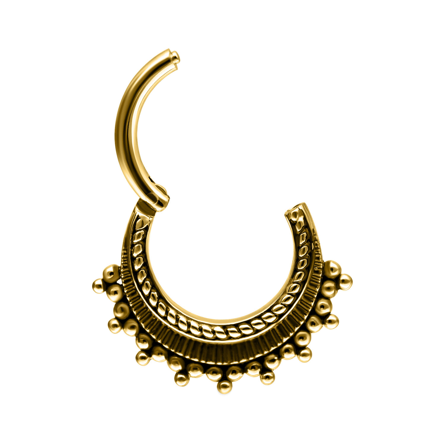 Anello piercing dorato in acciaio chirurgico con sfere decorative