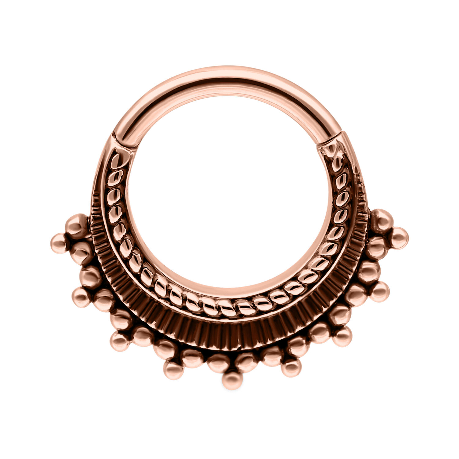 Anello piercing in oro rosa con cerniera e sfere decorative su sfondo bianco