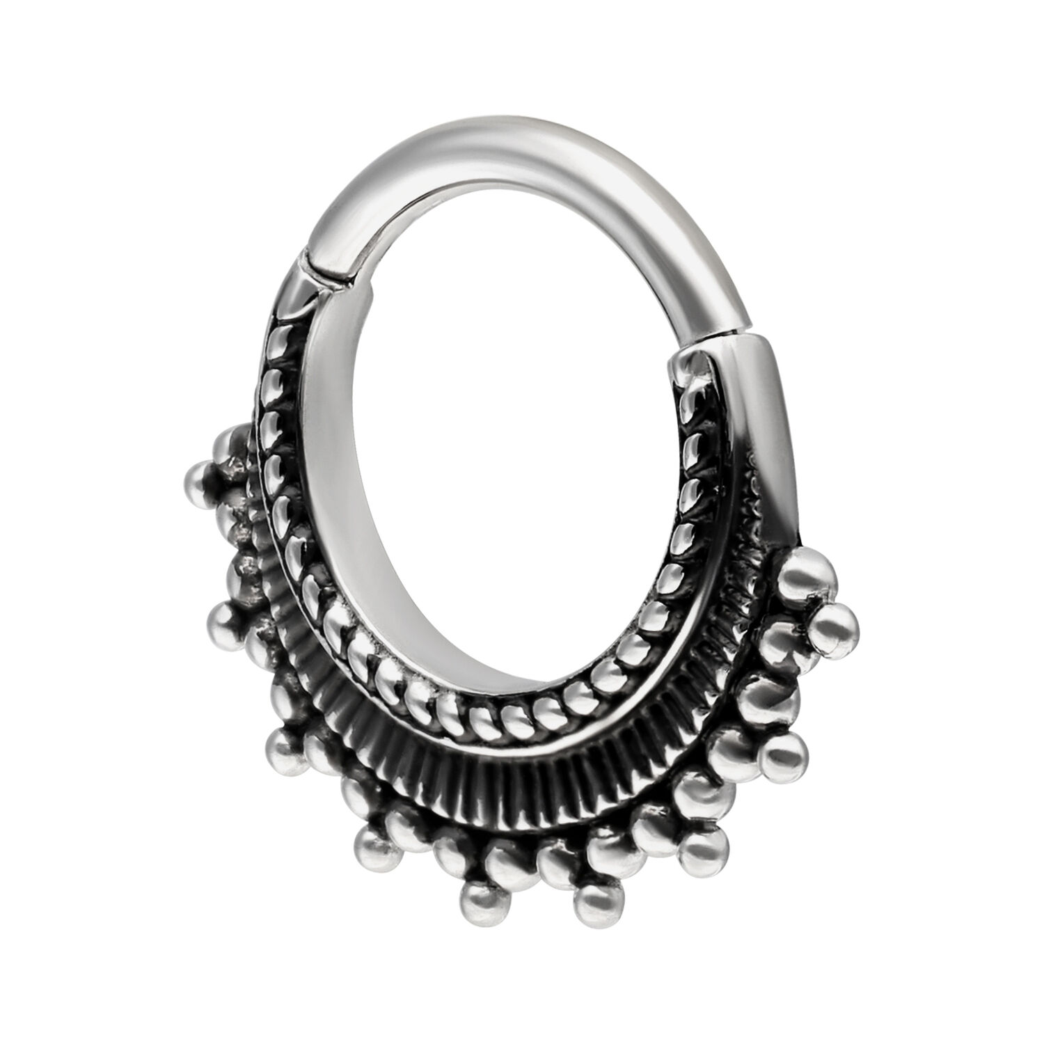 Clicker per setto nasale in acciaio chirurgico 316L color argento su sfondo bianco