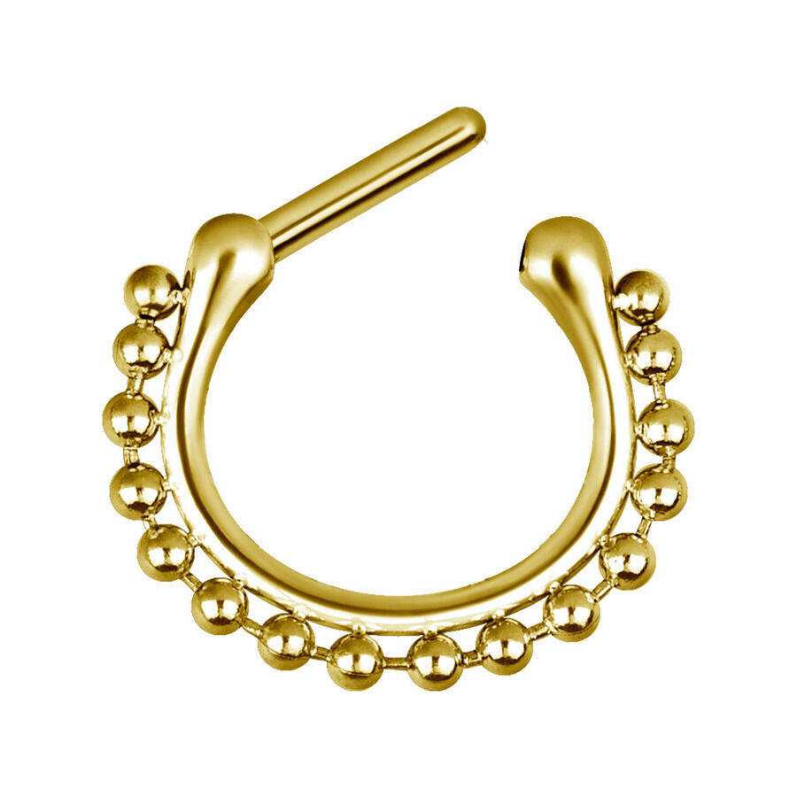 Clicker per setto in oro in acciaio chirurgico con catena a sfera su sfondo bianco