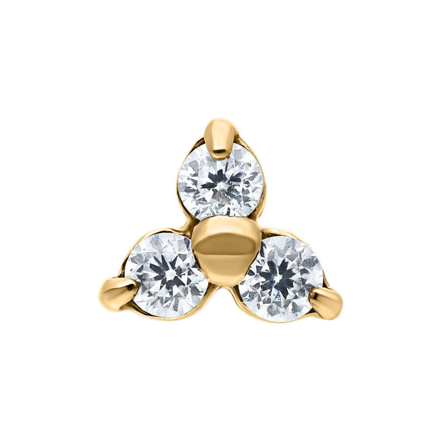 Trinity dermal dorato con cristalli Attacco dermal dorato con tre cristalli chiari su sfondo bianco