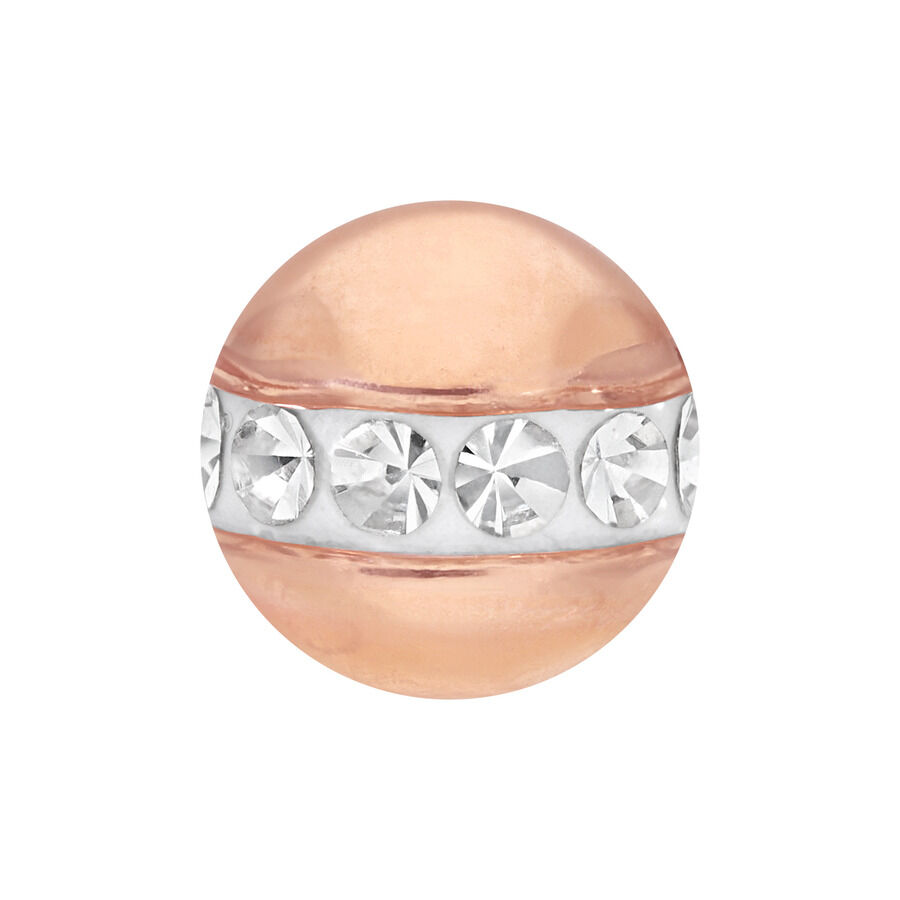 Attacco per piercing in oro rosa con cristalli Attacco per piercing rotondo in acciaio chirurgico oro rosa con cristalli chiari su sfondo bianco