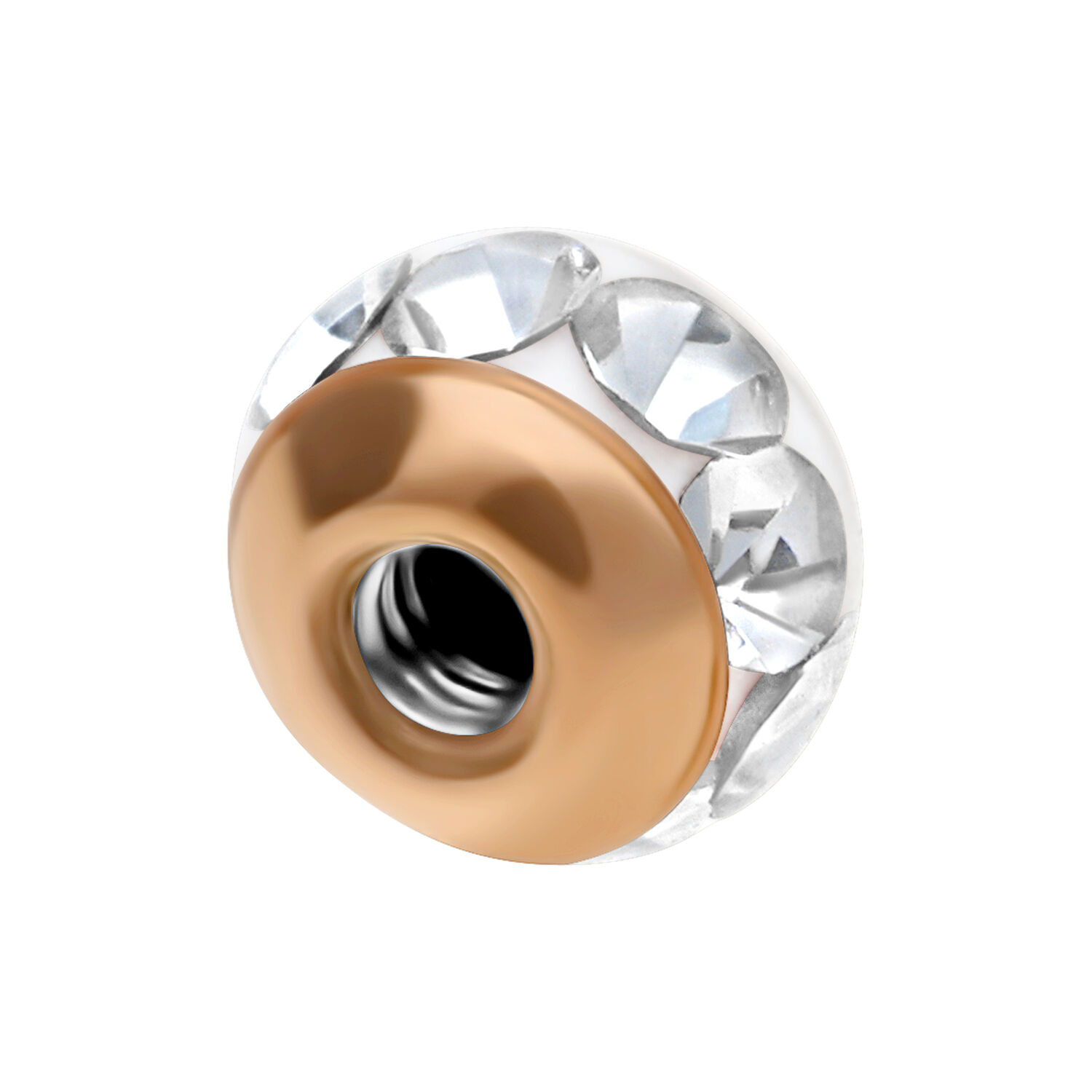 Runder Piercing-Aufsatz in Rosé Gold mit klaren Kristallen auf weißem Hintergrund
