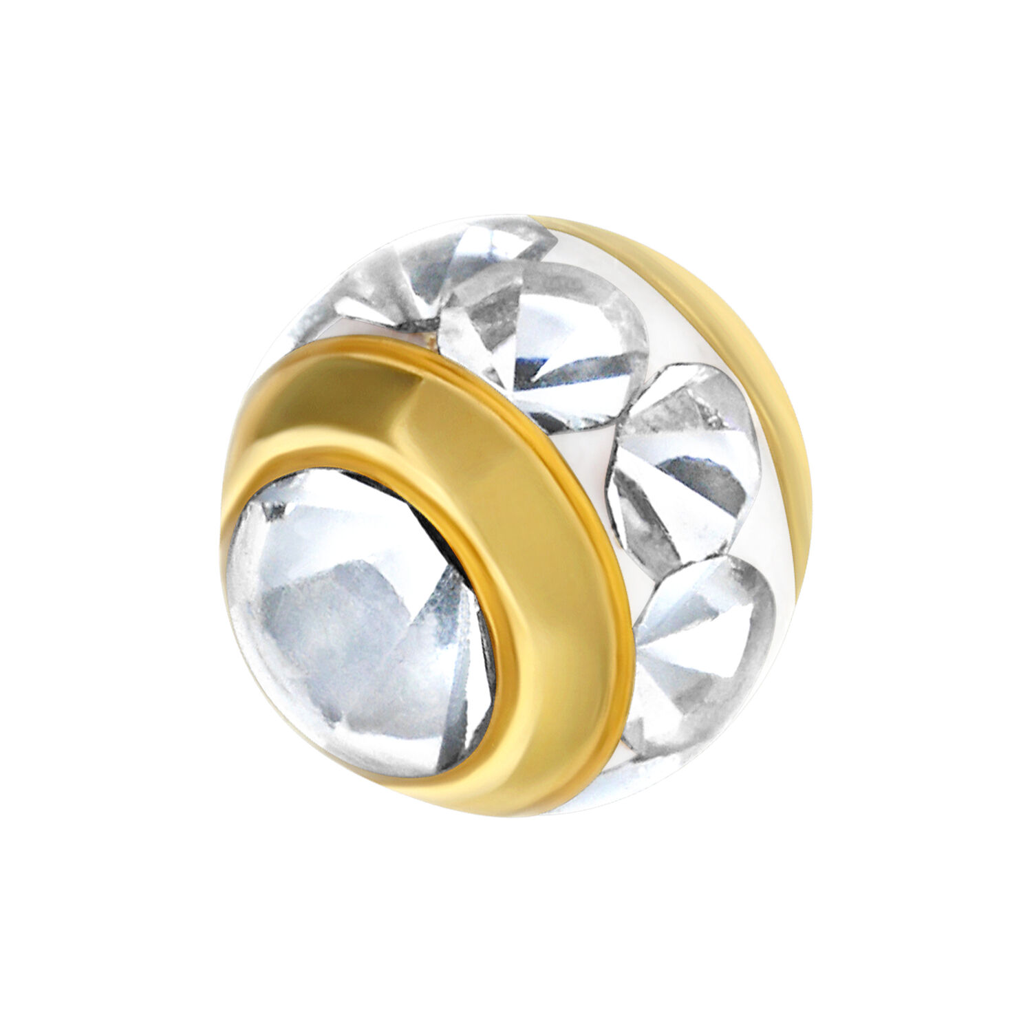 Punta per piercing dorata con cristalli chiari su sfondo bianco