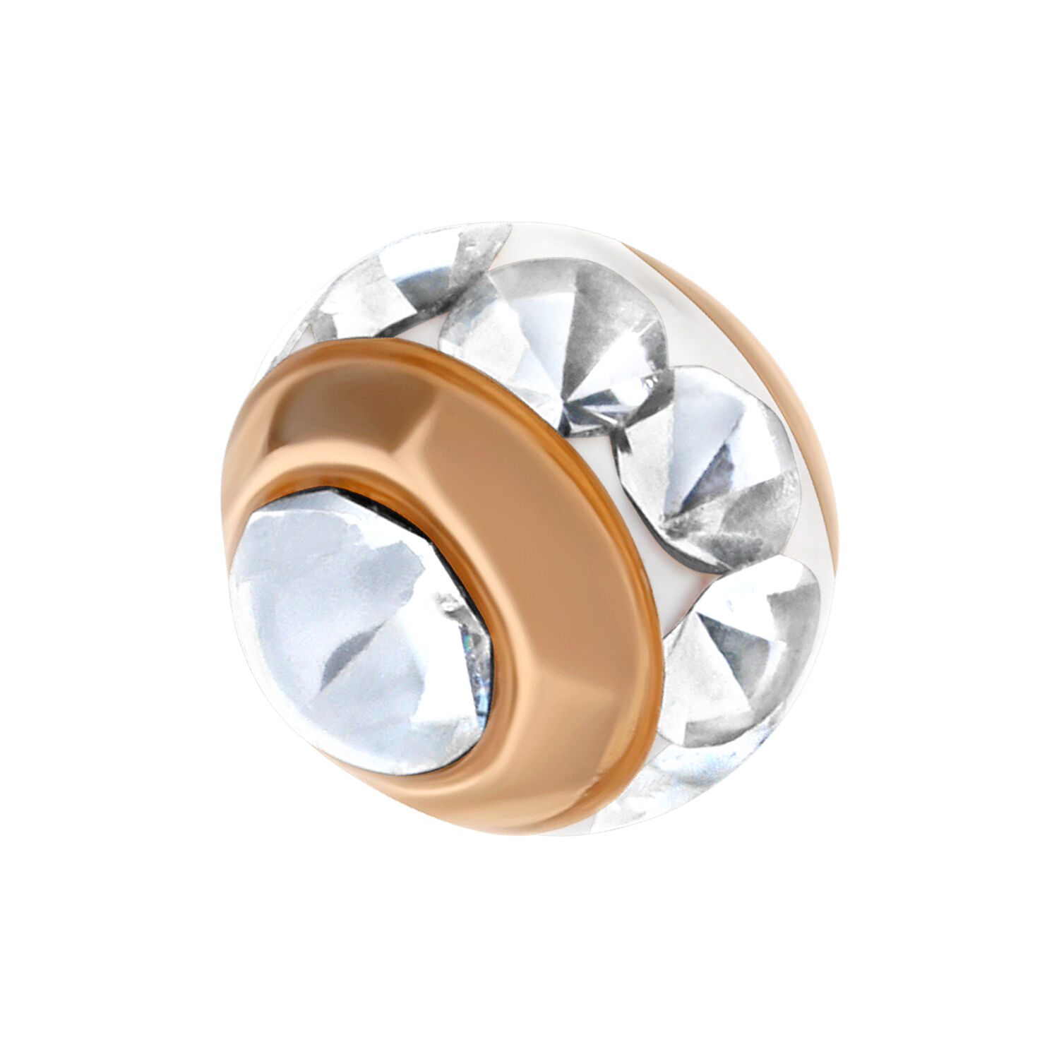Attacco per piercing in oro rosé con cristalli chiari su sfondo bianco