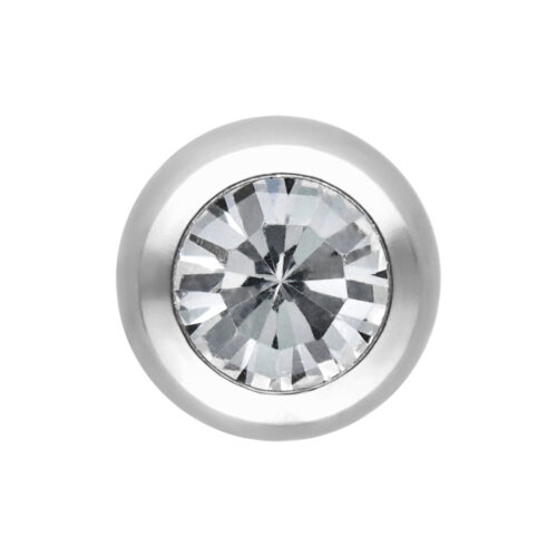 Accessorio per piercing sfaccettato in argento con cristallo chiaro su sfondo bianco