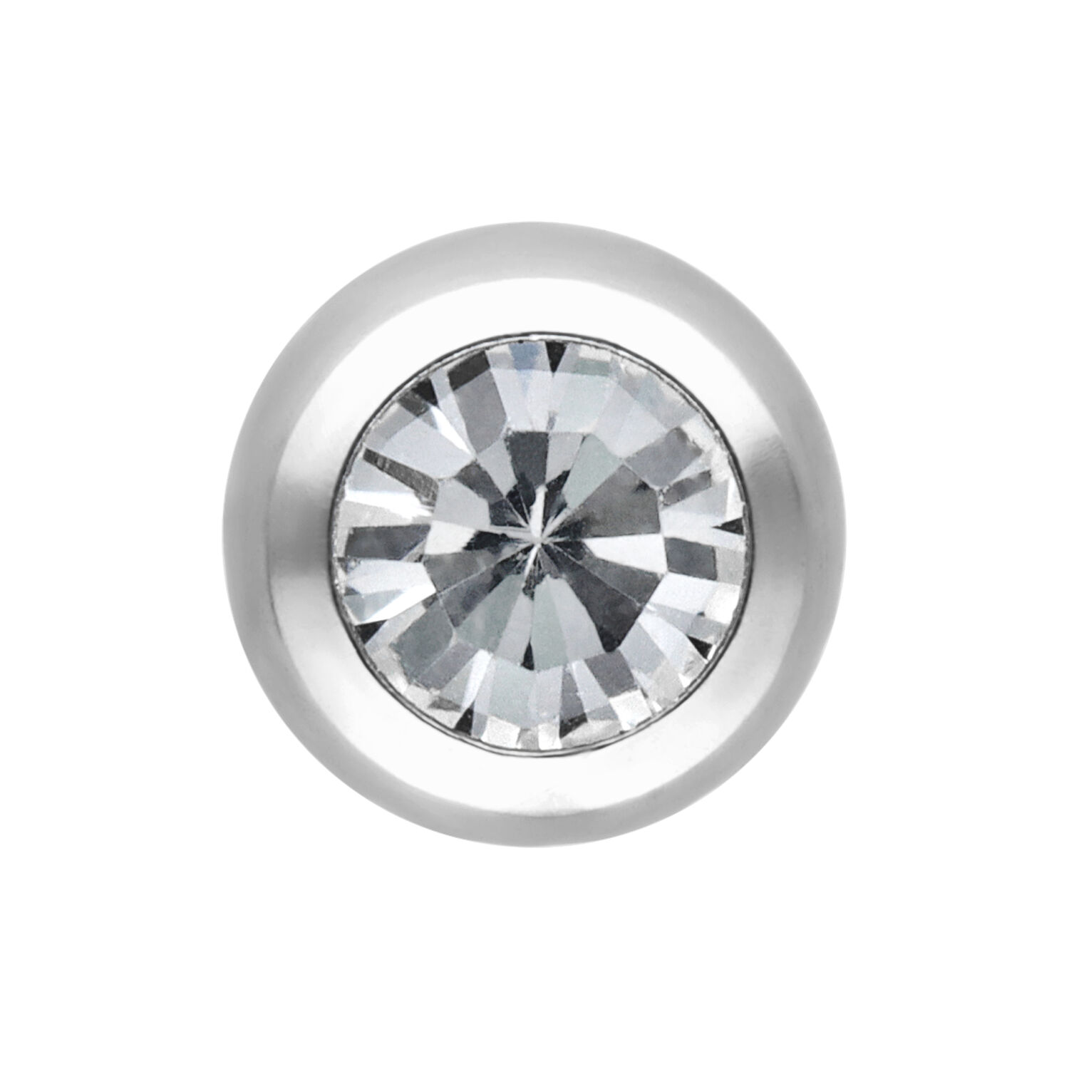 Accessorio per piercing sfaccettato in argento con cristallo chiaro su sfondo bianco