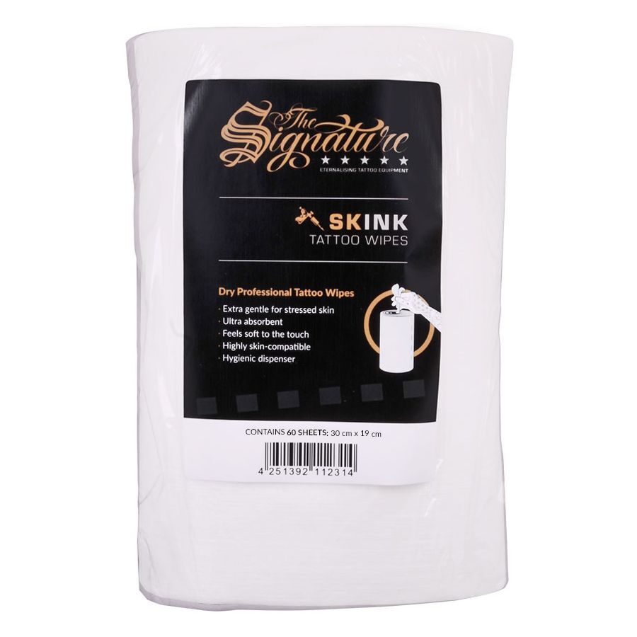 Confezione di SKINK Tattoo Wipes bianca con etichetta nera su sfondo bianco