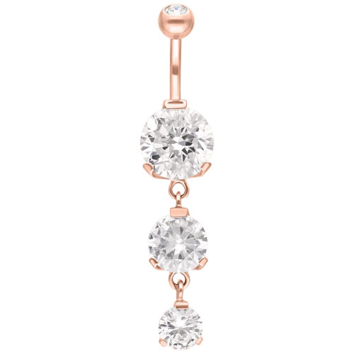 Piercing all'ombelico in oro rosa con tre cristalli chiari su sfondo bianco