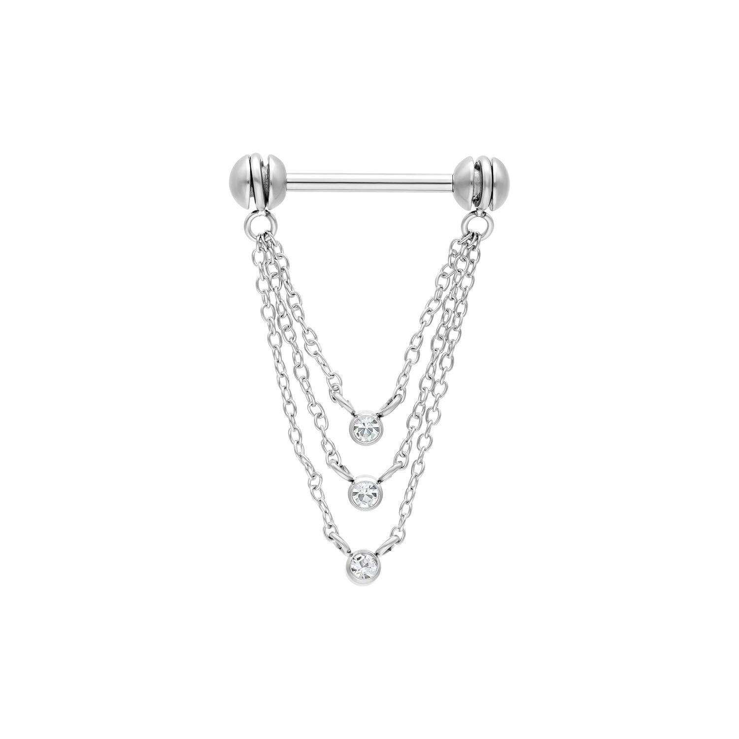 Collana per capezzoli in argento con tre cristalli e catene in acciaio chirurgico