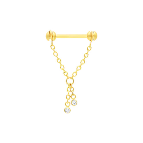 Barbell dorato per capezzolo con due catene di cristallo pendenti su sfondo bianco