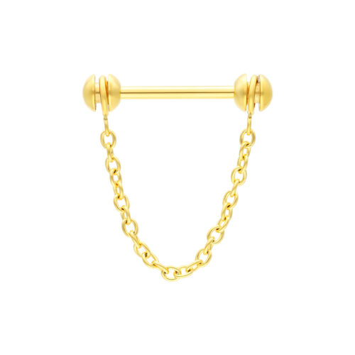 Catena dorata per capezzoli con sfere rotanti su sfondo bianco