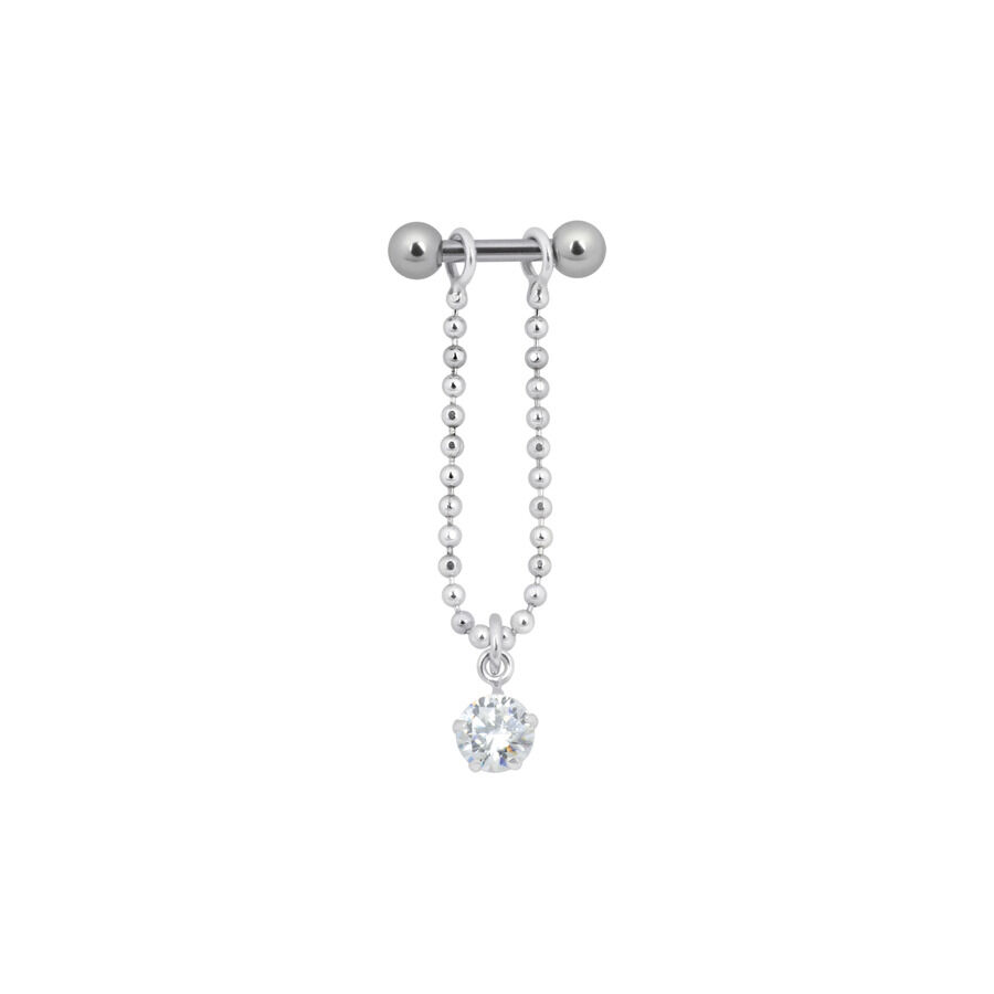 Barbell d'argento per orecchio con ciondolo di cristallo Barbell d'argento per orecchio con ciondolo di cristallo chiaro su sfondo bianco